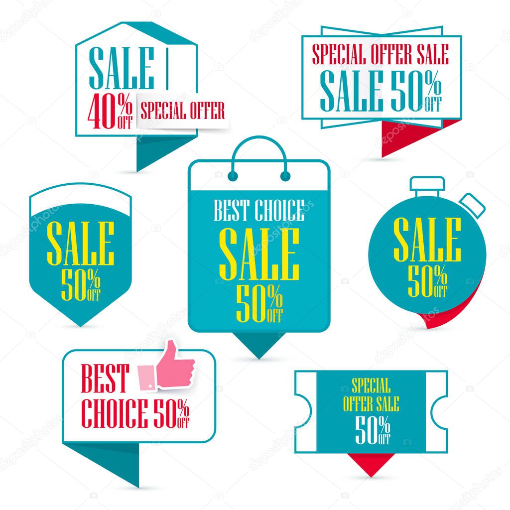 Set of special offer sale turquoise tag. sale and discount promo pointer on shopping day, 50% off discount sticker isolated on white background.
