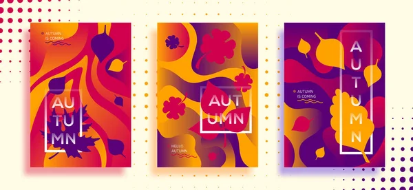 Collection Gabarit Affiche Rétro Automne Feuilles Plates Automne Brillant Poster — Image vectorielle