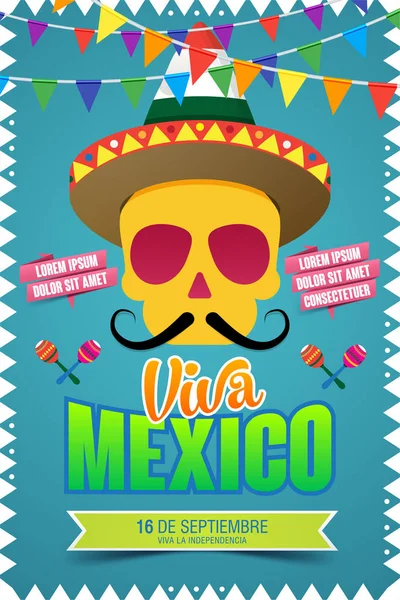 Viva Μεξικό Παραδοσιακές Μεξικάνικες Διακοπές Ανεξαρτησία Ευτυχισμένη Ημέρα Απεικόνιση Κρανίο — Διανυσματικό Αρχείο