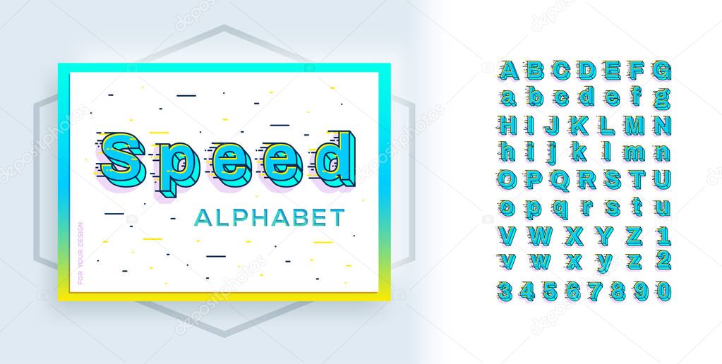Blue 3d font with motion effect. Typography alphabet in a set. Vector alphabet with tail effect.
