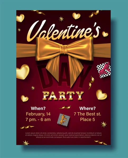 Valentines Day Party Flyer Golden Heart Gift Box Realistic Bow — Stock Vector