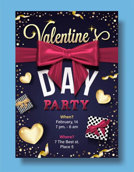 Valentines Day Party Flyer Avec Coeur Doré Boîte Cadeau Arc — Image vectorielle