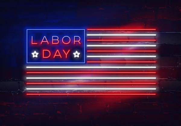 Glowing Neon Labor Day Sign Form Flag Usa Brick Wall — Stock Vector