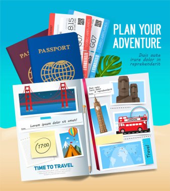 Uçak, macera, şık gezi afiş açılan albüm, pasaport, fotoğraflar, notlar ve çıkartmaları. Seyahat afiş kavramı. Vektör