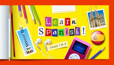 İspanyolca dil kursları kavramı. İspanyolca kelime oyulmuş kağıt ile yapılan harf, kurşun kalem, mp3 çalar ve kulaklık kesmek öğrenmek. Vektör çizim