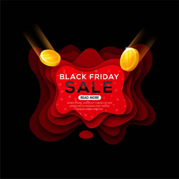 Black Friday Banner Mit Abstrakten Papierschnittformen Schatten Und Fallenden Münzen — Stockvektor