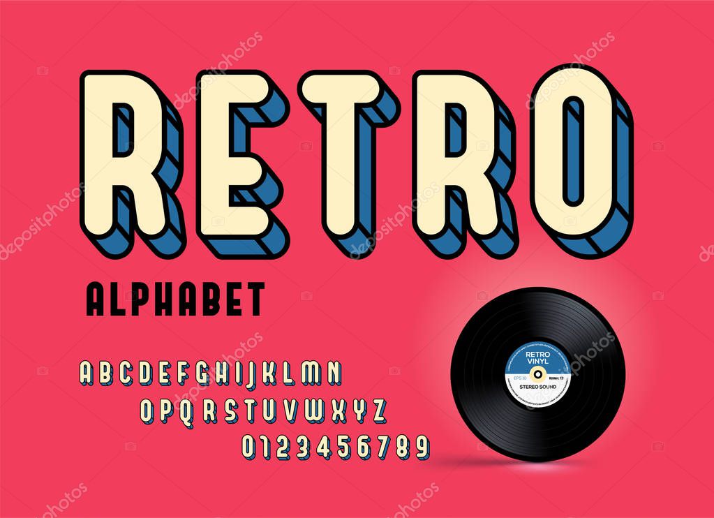 Modern colorful retro font and alphabet. Retro Typography. Framed Outlined Typeface. Vector Sans Serif Font.