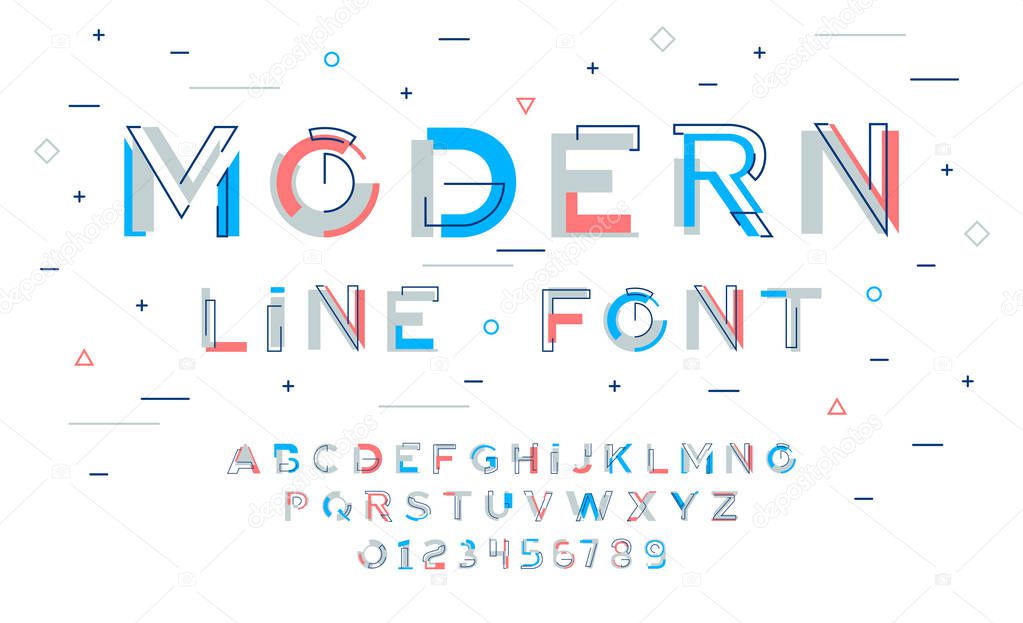 Stylish modern abstract font and alphabet with numbers. Vector colorful font from pieces of shapes and strips, game style.