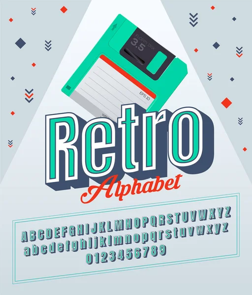 Stilize klasik italik soyut retro alfabesi ve 80'li yılların, yazı tipi 90 lı yıllarda gerçekçi 3,5 floppy disk ile yumuşak renk. — Stok Vektör