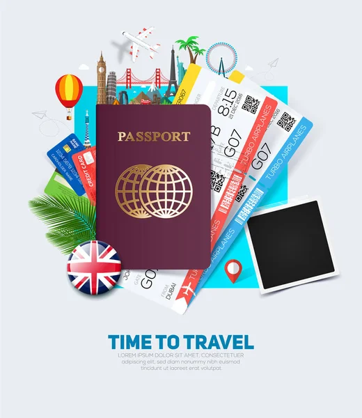 Banner Concept Voor Reizen Toerisme Met Paspoort Tickets Beroemde Bezienswaardigheden — Stockvector