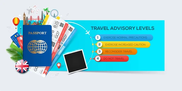 Banner Para Turismo Con Pasaporte Entradas Monumentos Famosos Infografía Niveles — Vector de stock