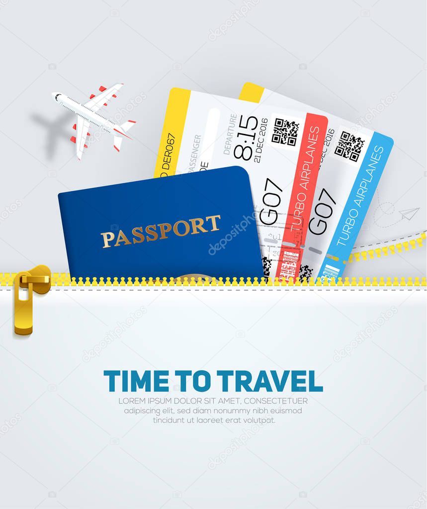 Banner concept for travel and tourism with passport and tickets in flat style from your zipper pocket.