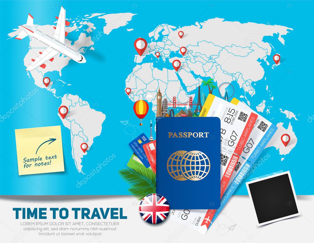 Banner concept for travel and tourism with passport, tickets and famous landmarks in flat style with map on background.