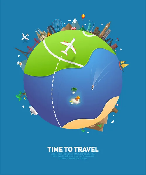 Banner Voor Reizen Toerisme Met Abstracte Aarde Planeet Beroemde Bezienswaardigheden — Stockvector