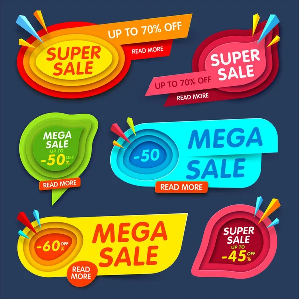 Set Banner Colorati Offerte Speciali Vendite Super Megas Illustrazione Vettoriale — Vettoriale Stock