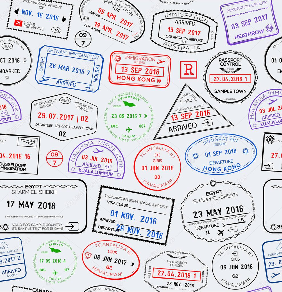 Seamless travel pattern with visa passport stamps. Vector illustration