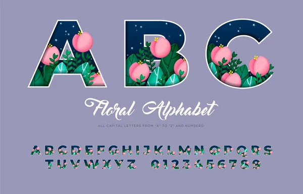 Цветочный Алфавит Заглавными Буквами Цифрами Векторный Шрифт Ночными Цветами Листьями — стоковый вектор
