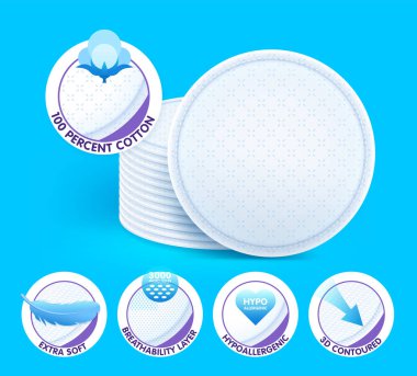 Layered extra soft cosmetic cotton pads while offering excellent non-irritating skin care, protection and comfort. Concept with icons. Vector eps10. clipart