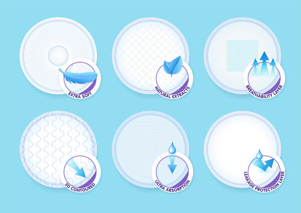 Concept layers with different texture and icons for breast pads, cotton pads, nursing pad liners while offering excellent breathability, protection and comfort. Vector eps10.