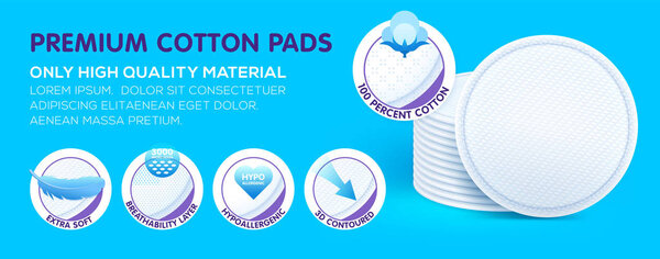 Premium layered cosmetic hypoallergenic cotton pads while offering excellent skin care, protection and comfort. Concept with icons. Vector eps10.