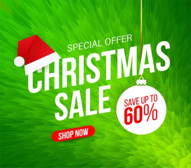 Özel teklifler, satış ve indirim için Noel satış banner. Yeşil tüylü arka plan. %60 off
