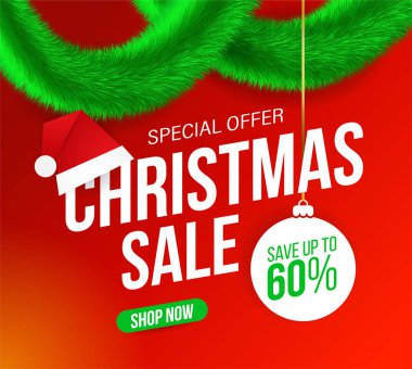 Özel teklifler, satış ve indirim için kırmızı zemin üzerine yeşil tüylü cicili ve santa şapka ile Noel satışı büyük başlığı. %60 off
