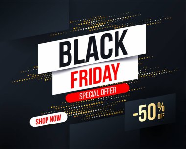 Black Friday afiş altın noktalı resim glitter etkisi için özel teklifler, satış ve indirimler ile soyut. Promosyon ve Black Friday alışveriş şablonu % 50 indirim