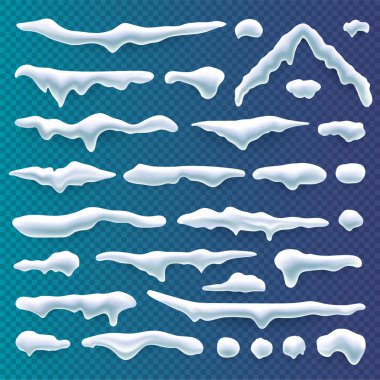 Gerçekçi kar kapaklar ayarlamak, yeni yıl kış buz öğeleri şeffaf arka plan üzerinde. Vektör kar drift toplama.