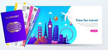 Seyahat, seyahat veya turizm web sitesi için modern gradyan stilini ünlü simge yapılar ile banner tasarımı, pasaport ve bilet. Vektör çizim