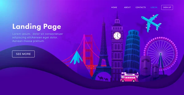 Landing Page Template Design Mit Berühmten Sehenswürdigkeiten Modernen Neon Nachtstil — Stockvektor