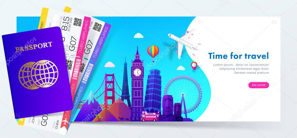 Travel banner design with famous landmarks in modern gradient style for travel or tourism website,  passport with tickets. Vector illustration