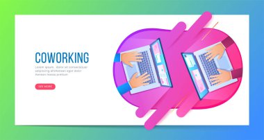 Üstten görünüm üzerinde bir dizüstü bilgisayarlar ile çalışan bir iki adam ile banner. Alan, başarılı bir iş veya serbest coworking. Vektör çizim