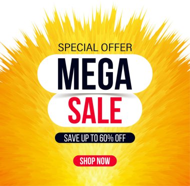 Soyut satışı büyük başlığı için özel teklifler, satış ve indirimler parlak sarı renkte. %60 off. Vektör renkli kabarık arka plan
