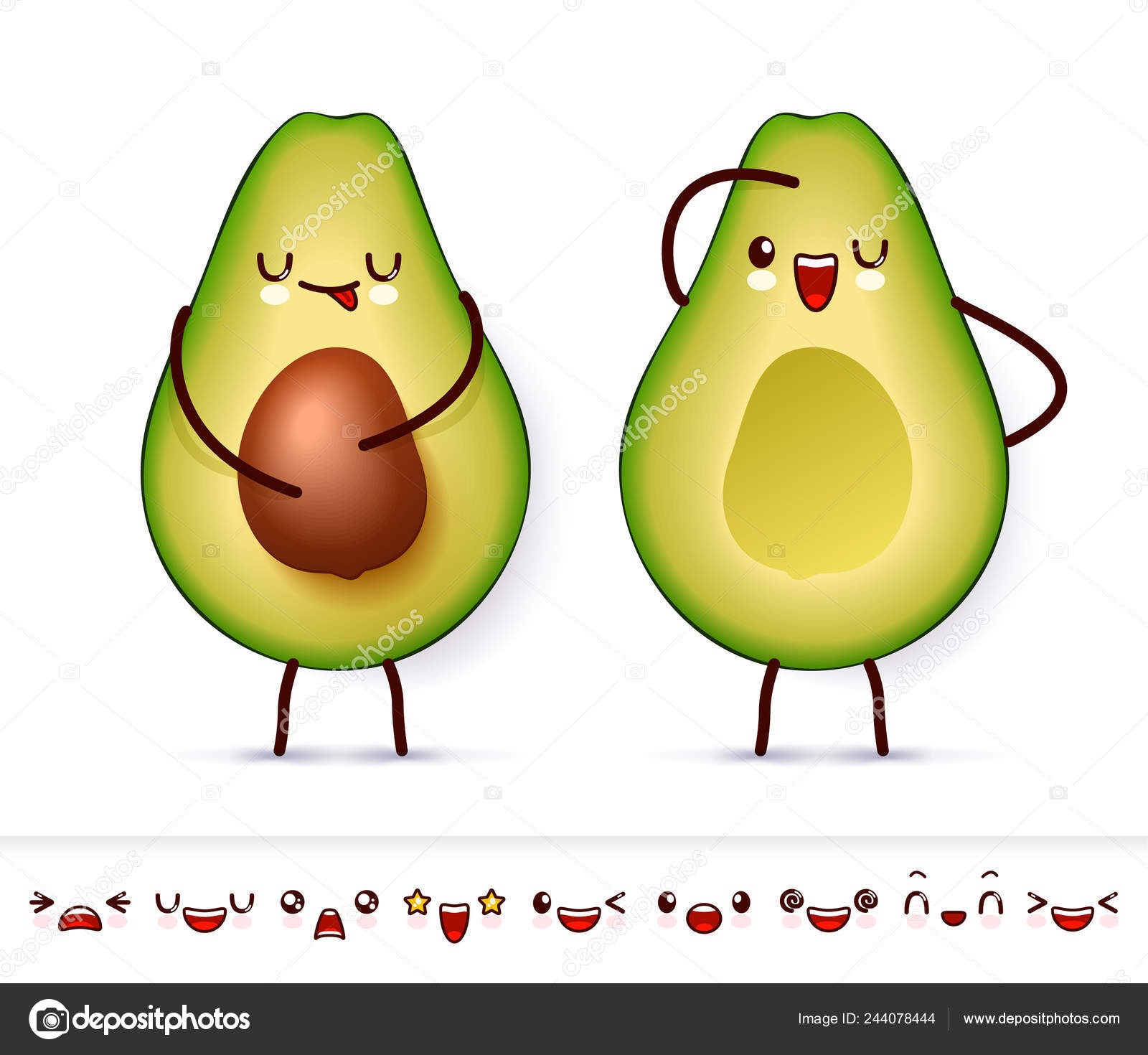 Two Halve Happy Avocado Cute Kawaii Faces Collection Emoticon Emoji