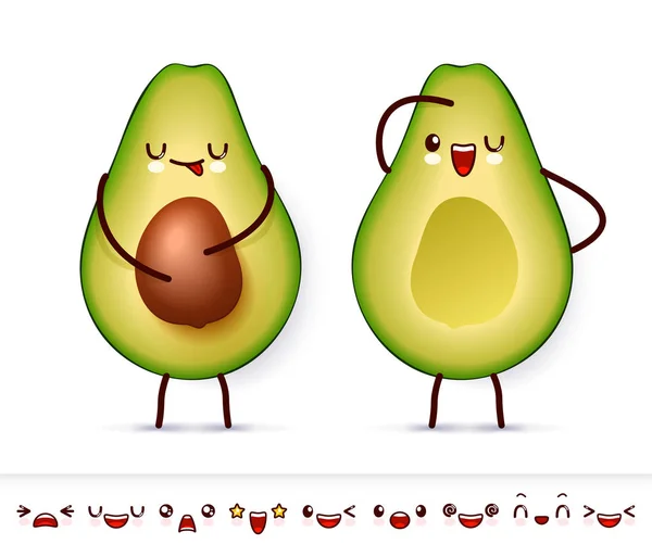 Dos Mitades Aguacate Feliz Con Caras Lindas Kawaii Colección Emoticones — Archivo Imágenes Vectoriales