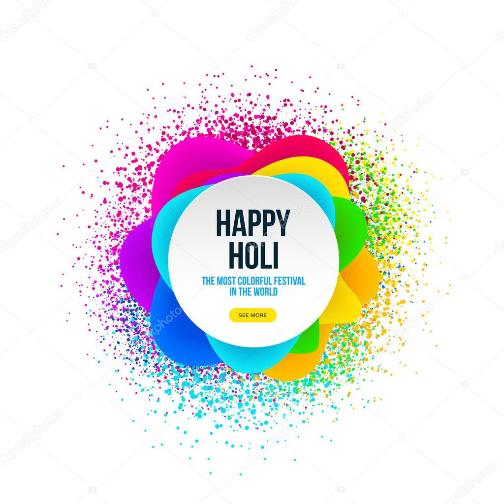 Abstract Happy Holi banner with colorful spray splash and paper shapes. Indian festivals of colors, Happy Holi celebration design. Vector illustration