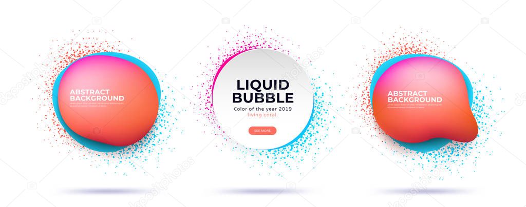 Set of abstract modern dynamical liquid bubbles with spray splash. Trendy template for the design of a logo, banners or posters. Vector illustration