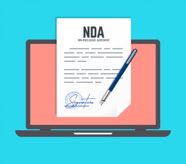 Non-Disclosure Agreement document with stamp and signature and laptop in flat style. Vector concept NDA with pen.