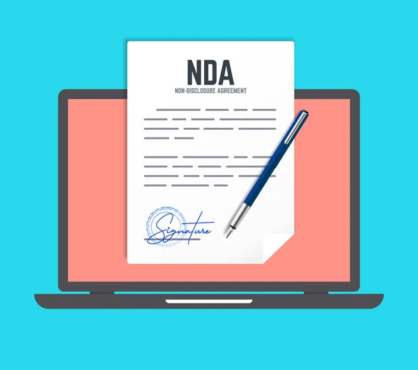 Non-Disclosure Agreement document met stempel en handtekening en laptop in vlakke stijl. Vector concept Nda met pen. — Stockvector