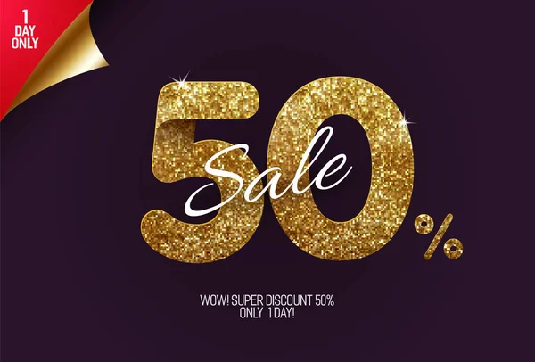 Shine Golden Sale 50% korting, gemaakt van kleine gouden glitter pleinen, pixel stijl. Voor verkoop en kortingsaanbiedingen. — Stockvector