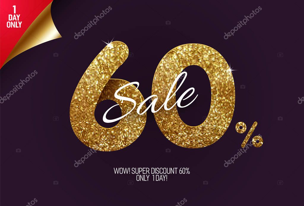 Shine golden sale 60% off, made from small gold glitter squares, pixel style. For sale and discount offers.