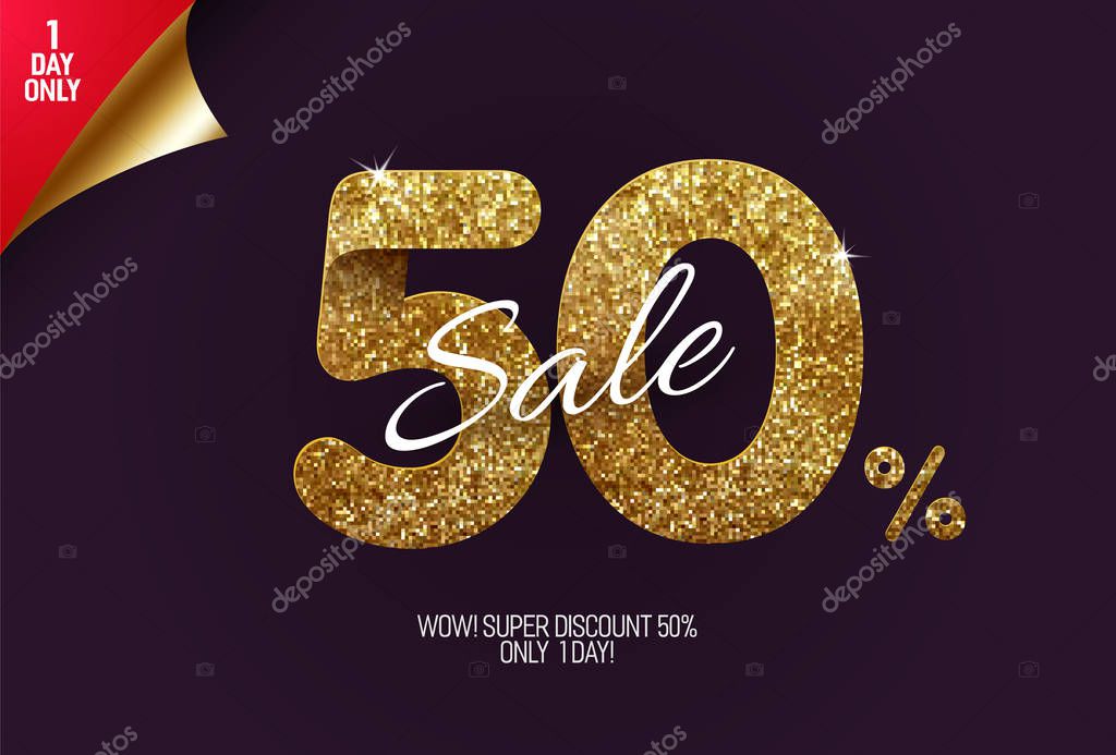 Shine golden sale 50% off, made from small gold glitter squares, pixel style. For sale and discount offers.