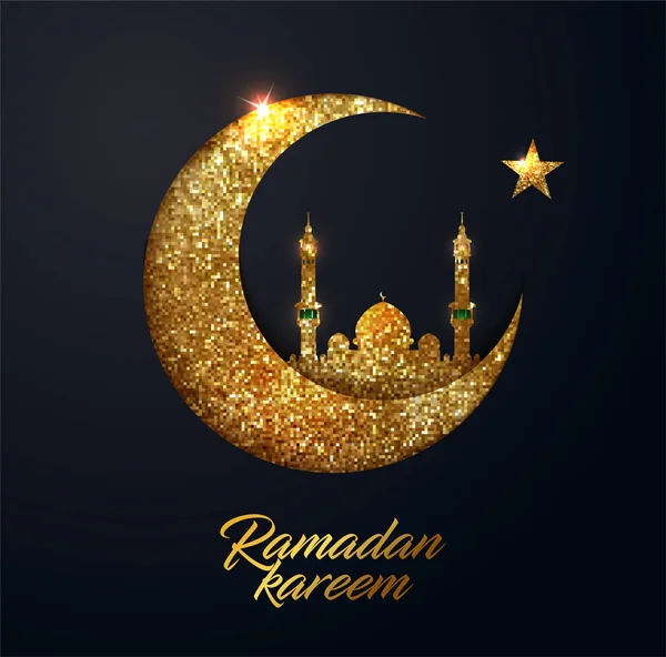 Ramadan Kareem vector background with crescent made from shiny small gold glitter squares, pixel style. Traditional Islamic holy holiday. Creative design greeting card, banner, poster. — Stock Vector