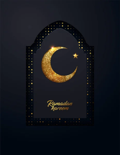 Ramadan Kareem vector fondo hecho de brillantes pequeños puntos de oro y el efecto del papel cortado. Fiesta sagrada islámica tradicional. Tarjeta de felicitación de diseño creativo, pancarta, póster . — Archivo Imágenes Vectoriales