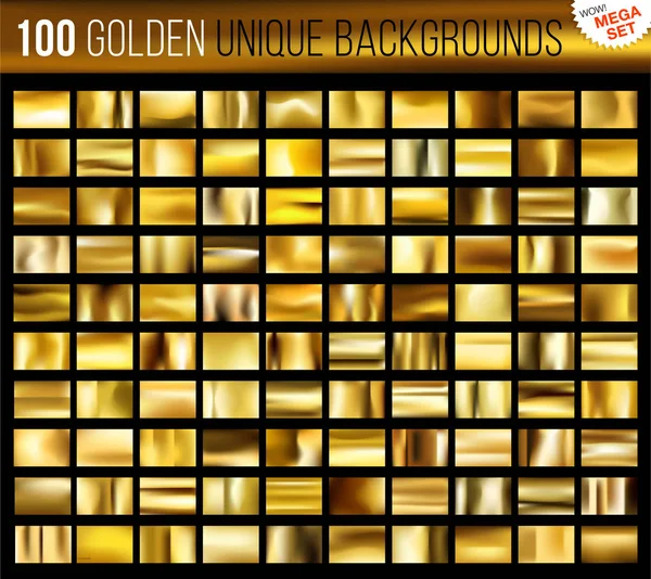 Mega conjunto de 100 fondos de oro único. Tejido dorado brillante con colores dorados brillantes. Ilustración vectorial — Archivo Imágenes Vectoriales