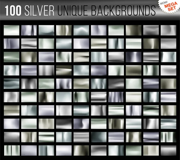 Mega conjunto de 100 fondos únicos de plata. Tejido plateado brillante con colores metálicos brillantes. Ilustración vectorial — Archivo Imágenes Vectoriales