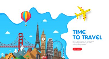 Popüler seyahat günlüğü, açılış sayfası veya turizm web sitesi için ünlü yerler ile seyahat afiş tasarımı. Minimal düz stil. Vektör çizimi