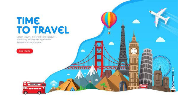 Travel banner design with famous landmarks for popular travel blog, landing page or tourism website. Minimal flat style. Vector illustration