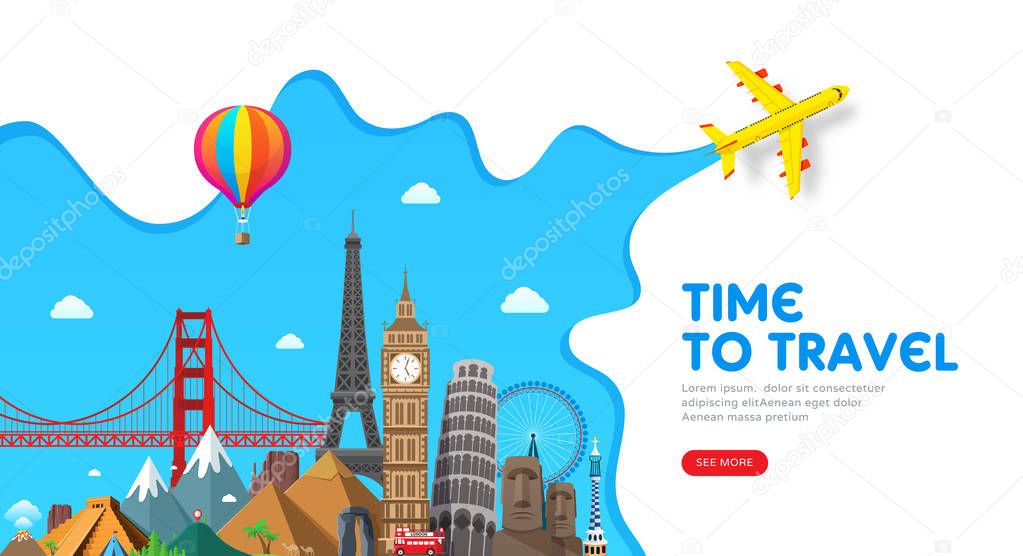 Travel banner design with famous landmarks for popular travel blog, landing page or tourism website. Minimal flat style. Vector illustration