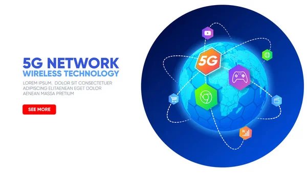 Planet earth with icons around. 5G network wireless technology. Telecommunications communication standard of the new generation. Fifth generation of mobile communication. High-speed mobile Internet. Vector illustration